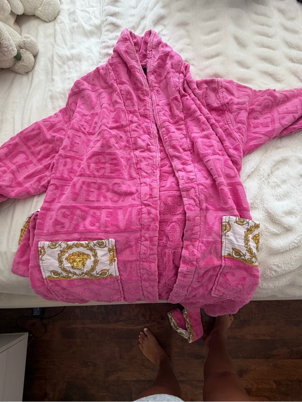 Versace Pink Hooded Plush Robe with Medusa Pocket Detail